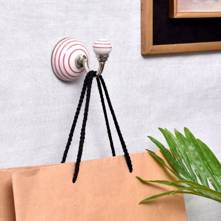 White Pink Striped Wall Hooks